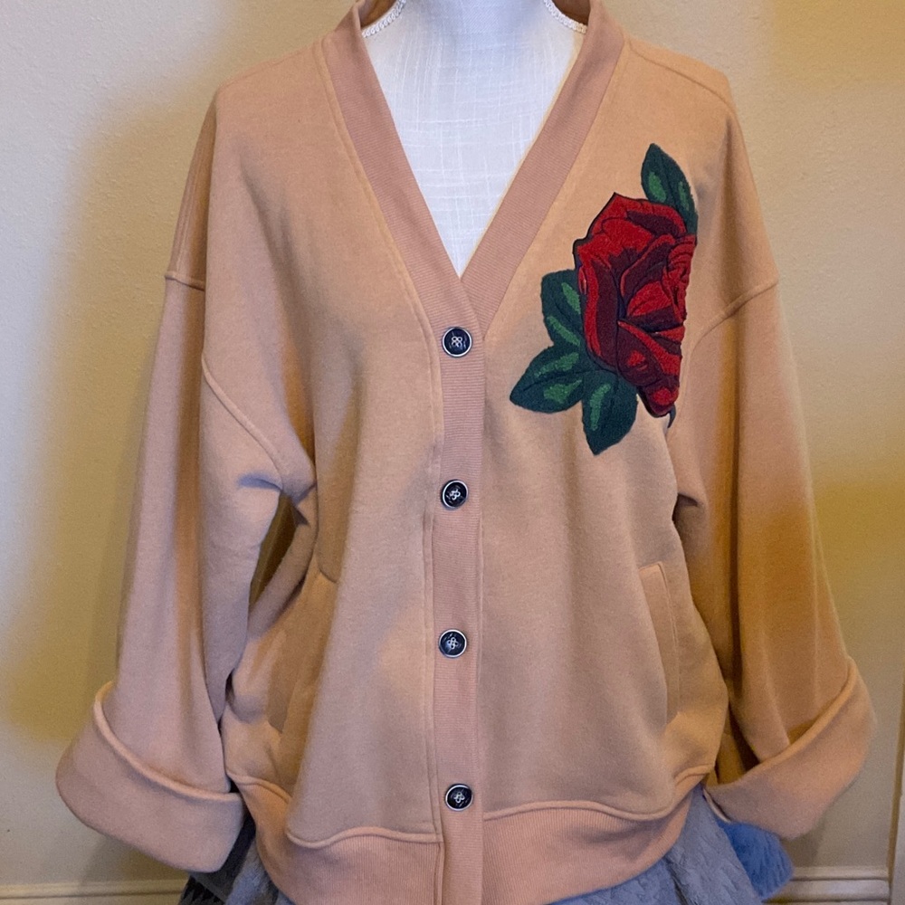 Tan V-Neck Cardigan with Red Rose Appliqué